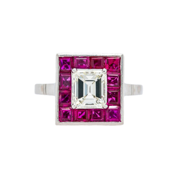 Groovy Mid-Century Emerald Cut Diamond Ring with French Cut Ruby Halo | Rubiloux