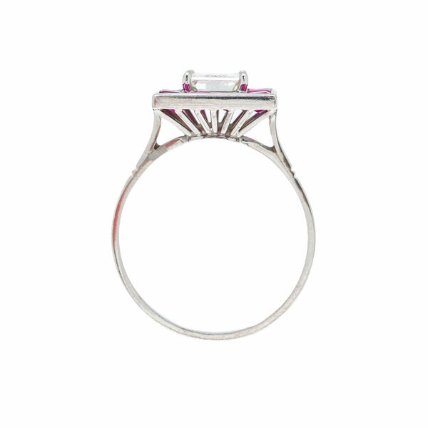Groovy Mid-Century Emerald Cut Diamond Ring with French Cut Ruby Halo | Rubiloux