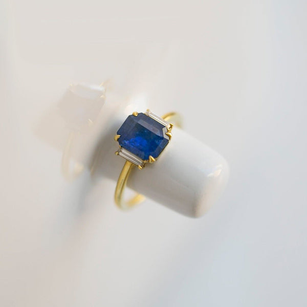 Modern Sapphire & Diamond Three Stone Modern Engagement Ring with slim baguette accents | Saugatuck