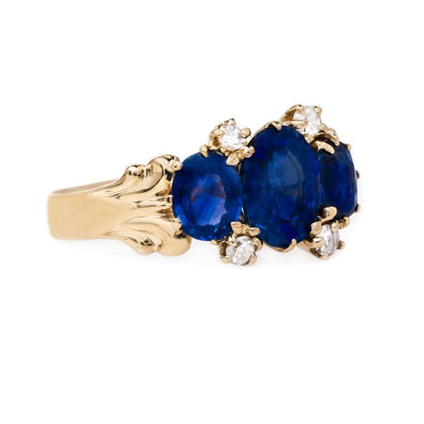 Art Nouveau Three Stone Sapphire Ring with Diamond Accents | Seaview from Trumpet & Horn