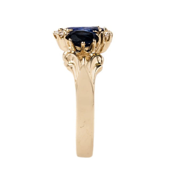 Art Nouveau Three Stone Sapphire Ring with Diamond Accents | Seaview from Trumpet & Horn