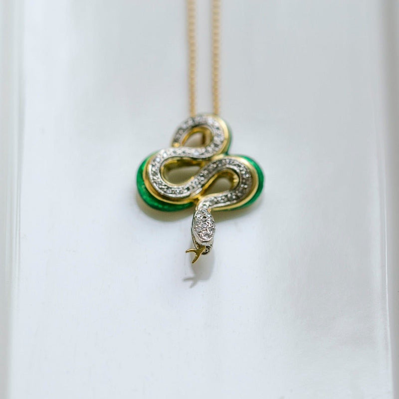 Mid-Century 18k Yellow Gold & Platinum Diamond Encrusted Green Enamel Snake Pendant 