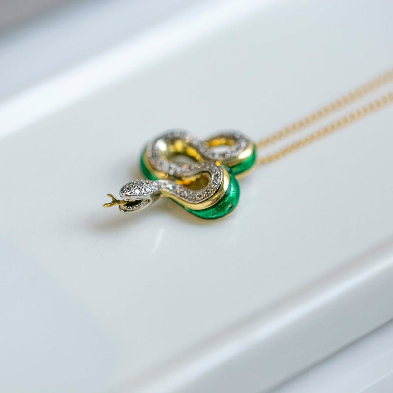 Mid-Century 18k Yellow Gold & Platinum Diamond Encrusted Green Enamel Snake Pendant 