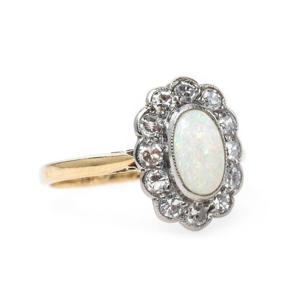 Victorian Era Engagement Ring with Dreamy Opal Center and Diamond Halo | Shady Lane from Trumpet & Horn