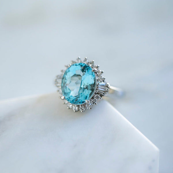 Vintage 4.24ct Aquamarine & Diamond Halo Ring | Skymeadow