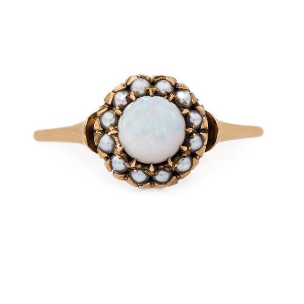 Vintage Inexpensive Opal Pearl Halo Engagement Ring | Smokey Hill from Trumpet & Horn