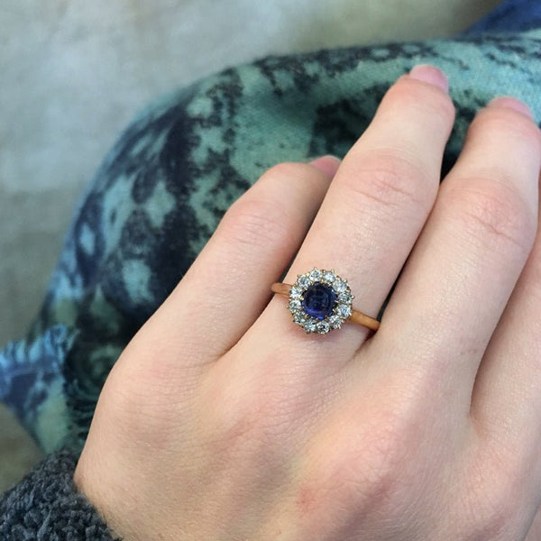 Vintage Victorian Era Sapphire Ring with Old Mine Cut Diamond Halo | Somerton from Trumpet & Horn