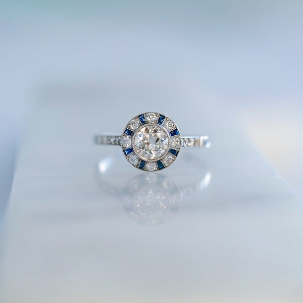 Deco-Inspired 0.67ct Old Euro Diamond & Sapphire Halo Ring | Southfalls