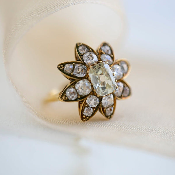 Old Mine Cut Diamond Cushion Diamond Cluster Unique & Large Flower-Shaped 18k Gold Victorian Diamond Cluster Ring | Starling