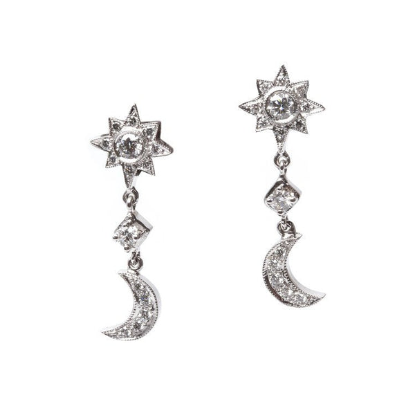 Vintage Inspired 18K White Gold Earrings with Diamond Star and Crescent | Starry Night Earrings from Trumpet & Horn