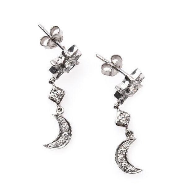 Vintage Inspired 18K White Gold Earrings with Diamond Star and Crescent | Starry Night Earrings from Trumpet & Horn