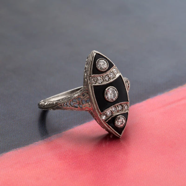 Late Art Deco Ring with Black Onyx and Diamonds | Thornton from Trumpet & Horn