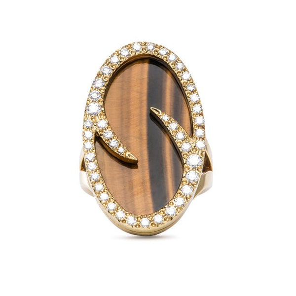 Vintage Jewelry | Estate Jewelry | Oval Tiger Eye and Diamond Ring from Trumpet & Horn