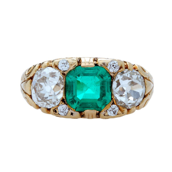A Magnificent Victorian Era AGL Certified Colombian Emerald and Diamond Engagement Ring