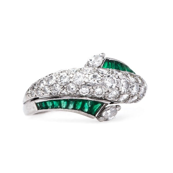Vintage Platinum Emerald and Diamond Ring | Twin Bridge from Trumpet & Horn