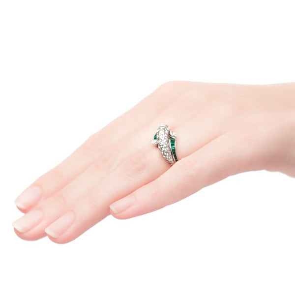 Vintage Platinum Emerald and Diamond Ring | Twin Bridge from Trumpet & Horn
