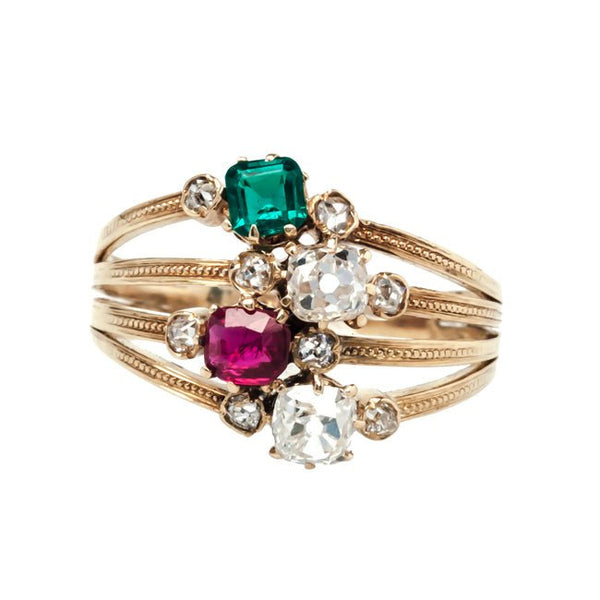 Ash Ridge antique Victorian diamond, emerald, and ruby ring from Trumpet & Horn
