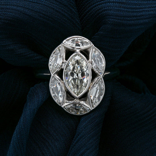 Wildly Unique Mid Century Platinum Marquise Diamond Halo Engagement Ring | Valbonne