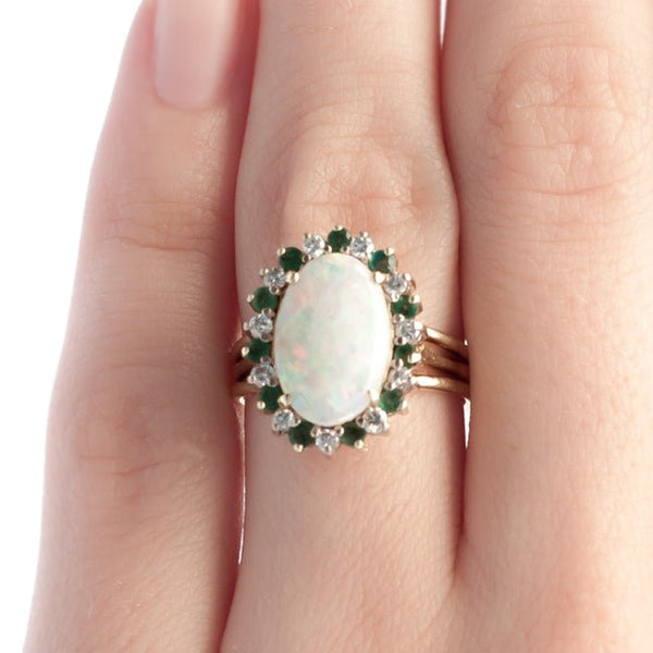 Vintage opal, emerald, and diamond cocktail ring from Trumpet & Horn