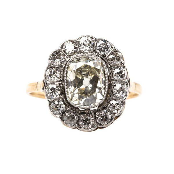 Radcliffe Victorian Era Engagement Ring with Scalloped Halo of Old European Cut Diamonds | Trumpet & Horn