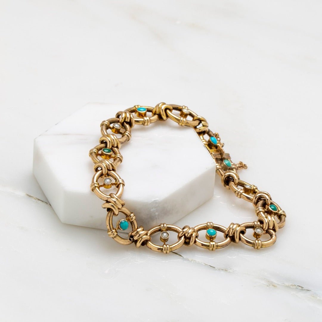 Victorian Rose Gold Turquoise Bracelet with Pearl & Chrysoprase accents