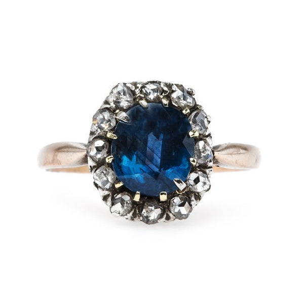 Dignified Sapphire Engagement Ring with Rose Cut Diamond Halo | Oak Glen from Trumpet & Horn