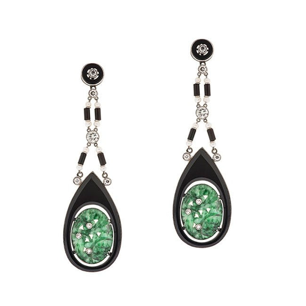 Art Deco Jade, Diamond, & Onyx Earrings
