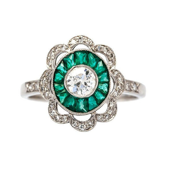 Mount Vernon vintage Art Deco emerald and diamond engagement ring from Trumpet & Horn