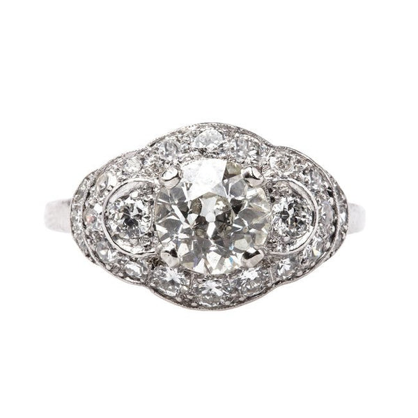 Classic Art Deco Three Stone Halo Ring with Old European Cut Diamond | Temecula from Trumpet & Horn