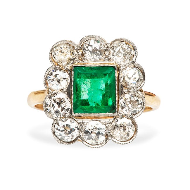Montrose Vintage Emerald Diamond Halo Engagement Ring from Trumpet & Horn