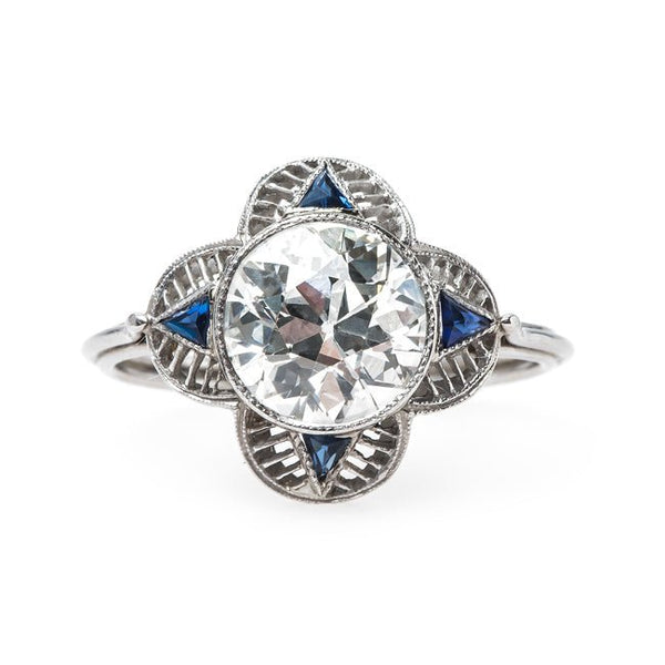 Edwardian Era Diamond Engagement Ring with Quatrefoil Design and Sapphire Accents | Loveland from Trumpet & Horn