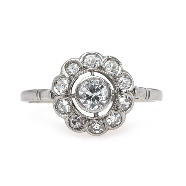 Delightful Edwardian Era Halo Engagement Ring with Scalloped Frame | Campbell from Trumpet & Horn