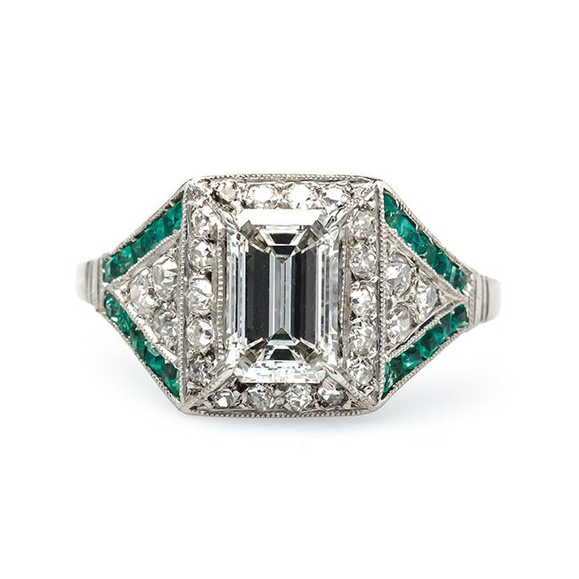 Skyline vintage Art Deco diamond and emerald engagement ring from Trumpet & Horn