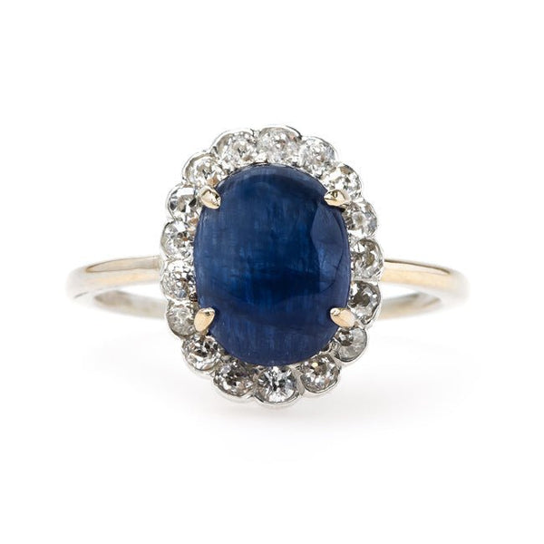 Alluring Victorian Era Cabochon Sapphire Ring with Old Mine Cut Diamond Halo | Hobart from Trumpet & Horn