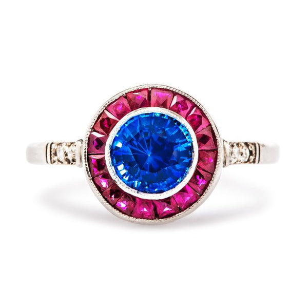 Vintage Inspired Sapphire Ruby Engagement Ring | Unique Sapphire Ruby Halo Right Hand Ring 