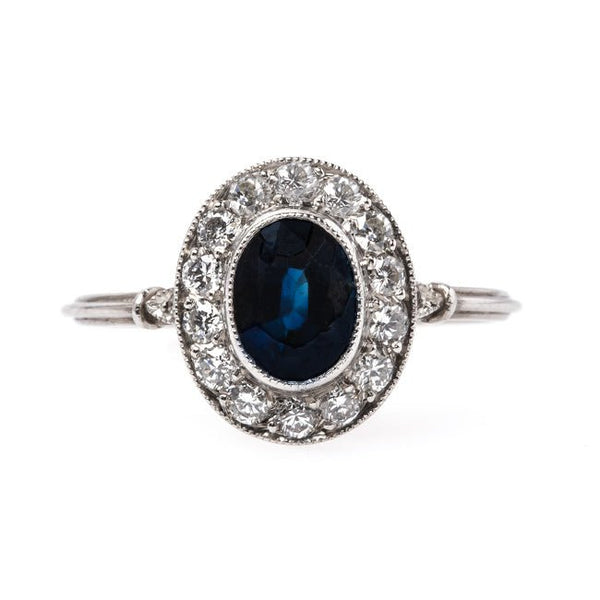 Timeless Modern Platinum Sapphire Engagement Ring with Diamond Halo | Ketchum
