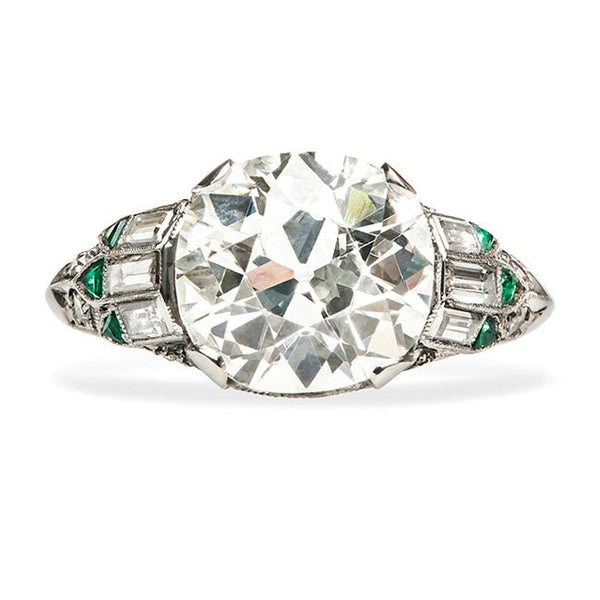 Vintage Old Mine Cut Diamond Emerald Engagement Ring