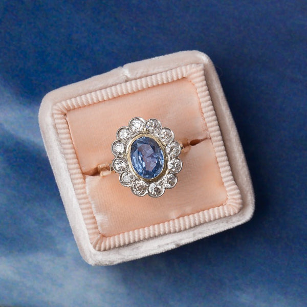 Glittering Sapphire Engagement Ring with Diamond Halo | Stafford from Trumpet & Horn