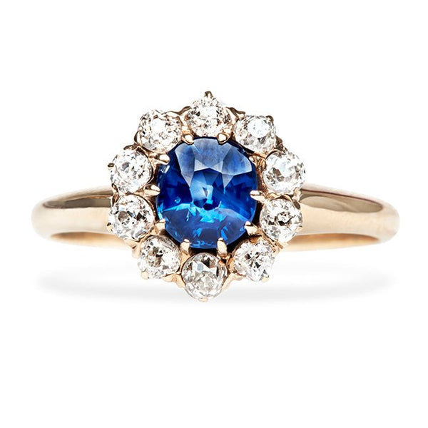 Antique Sapphire Old Mine Cut Diamond Halo Engagement Ring