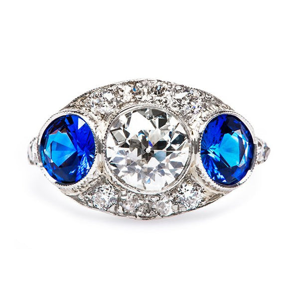 Edwardian Unique Sapphire Three Stone Engagement Ring | Winterhaven from Trumpet & Horn