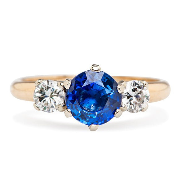 Vintage Sapphire Three Stone Engagement Ring | Retro Sapphire Diamond Three Stone Engagement Ring 