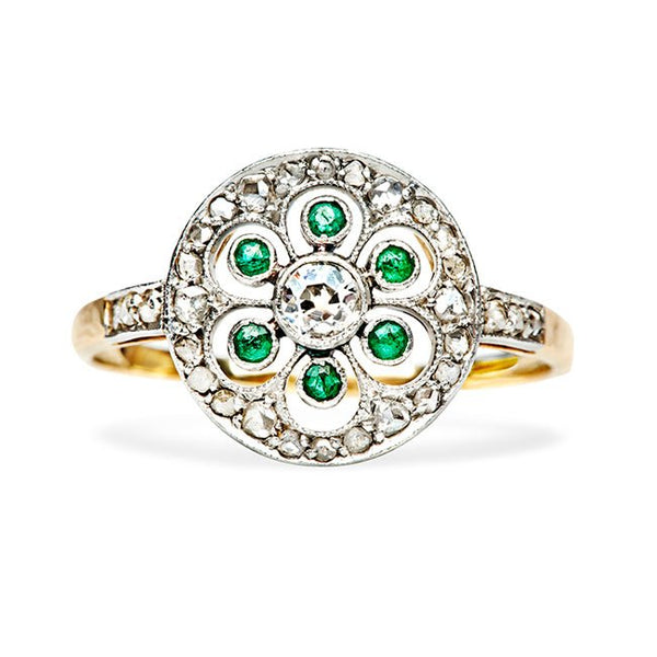 Antique Edwardian Diamond Emerald Flower Ring