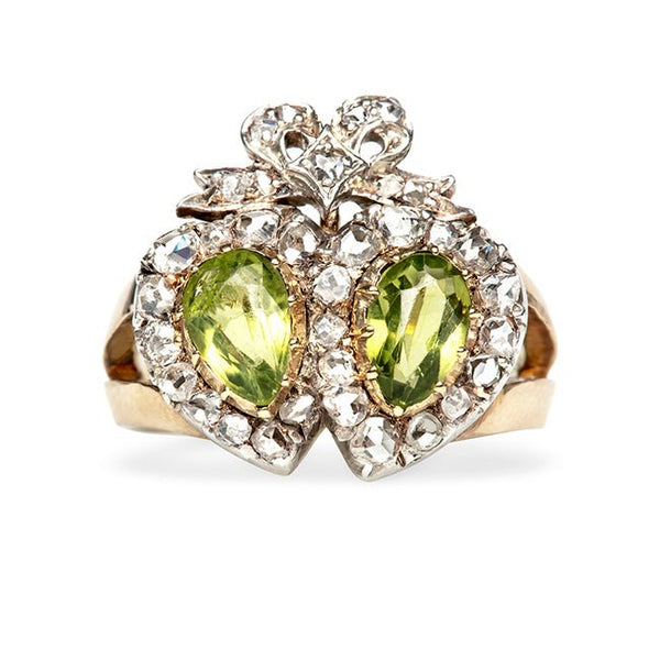 Strasburg Vintage Peridot Diamond Halo Heart Cocktail Ring from Trumpet & Horn