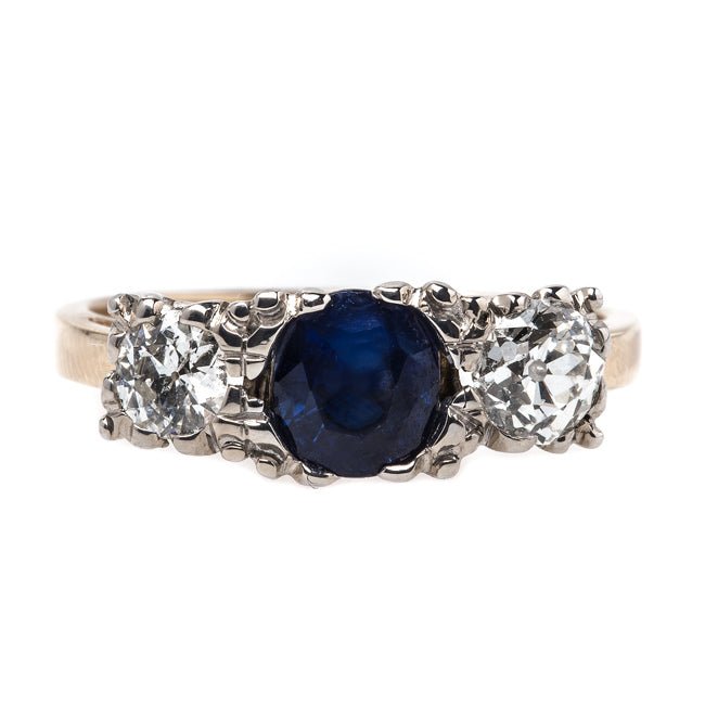 Traditional Vintage Victorian Era Three Stone Engagement Ring with Sapphire and Diamonds | Hammersmith from Trumpet & Horn