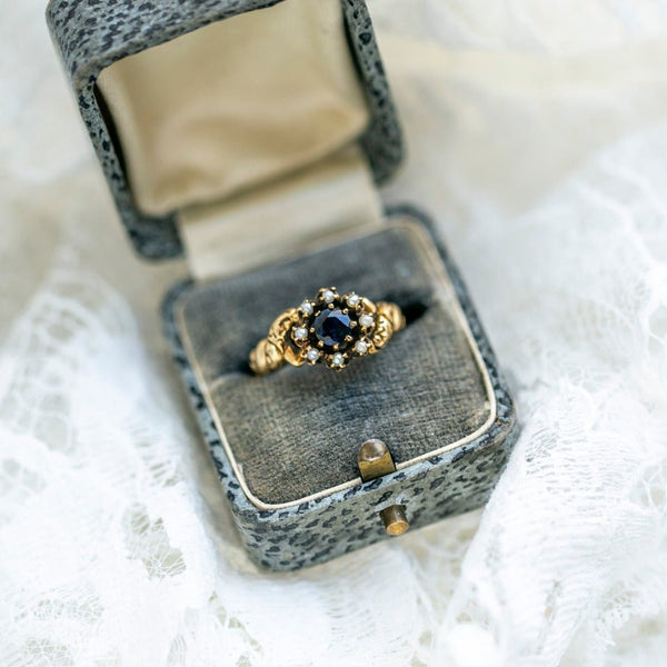 Antique Victorian Era Sapphire and Pearl Halo Ring | Volantis