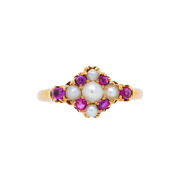 Pearl & Ruby Victorian Gold Ring with Birmingham English Hallmarks| Westover
