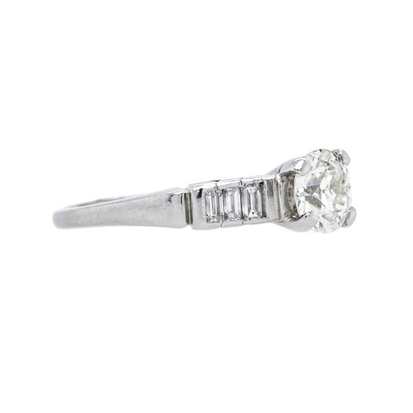 Architectural Art Deco Platinum Old Euro Diamond with Baguette Accents Engagement Ring 
