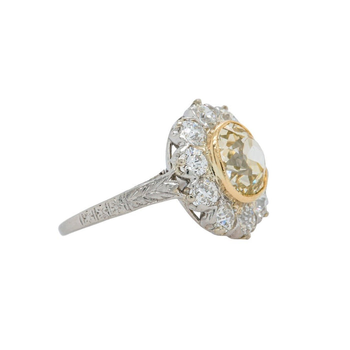 Unique Edwardian Era Fancy Yellow Old Mine Cushion Diamond Halo Ring | Willoughby Lane