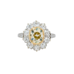 Unique Edwardian Era Fancy Yellow Old Mine Cushion Diamond Halo Ring | Willoughby Lane