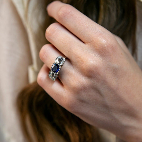 Magnificent Edwardian Sapphire & Diamond Three-Stone Ring | Winterslow